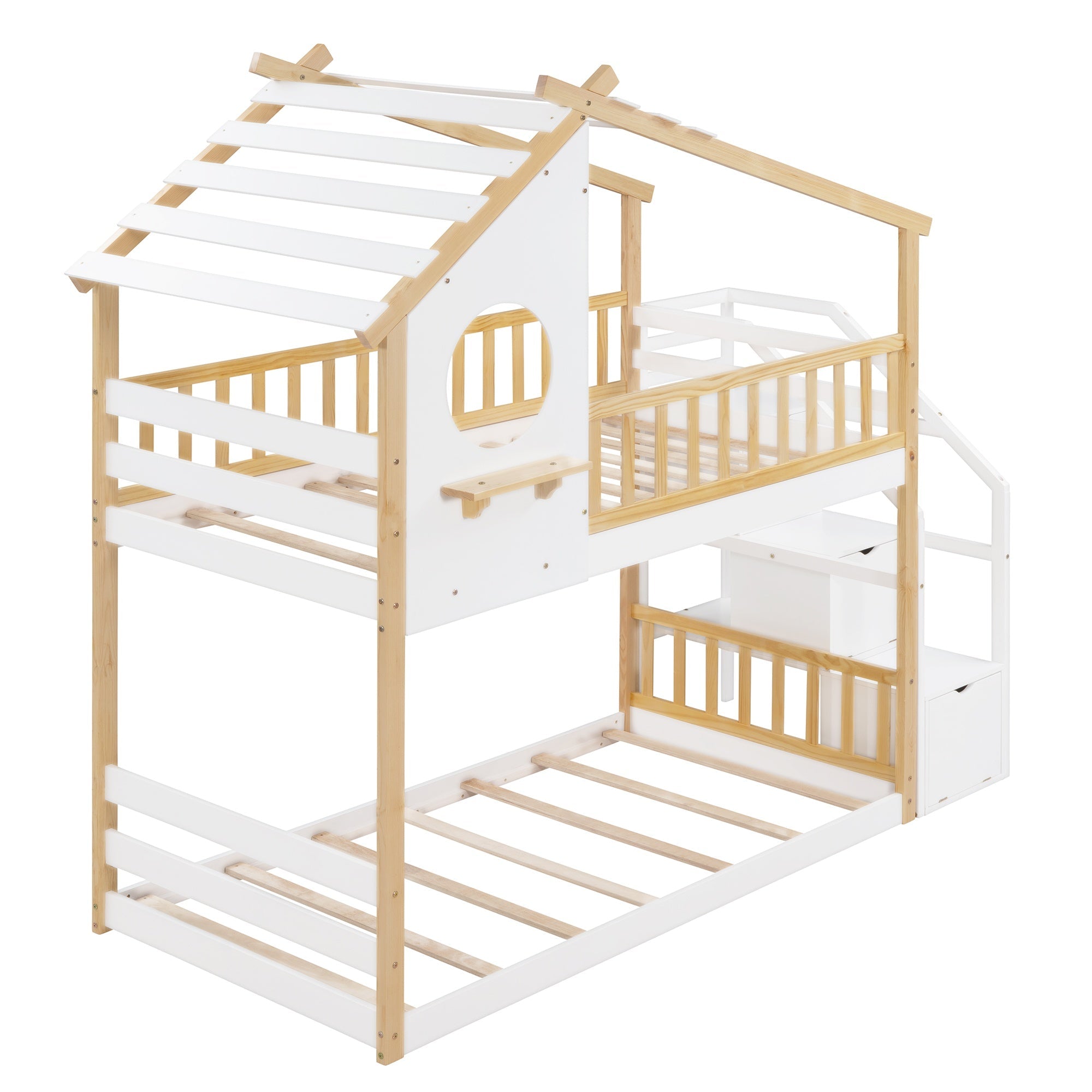 Bellemave® Twin Over Twin Bunk Bed with Stairs, Stairway House Bunk Bed Frame with Storage & Guard Rail - Bellemave