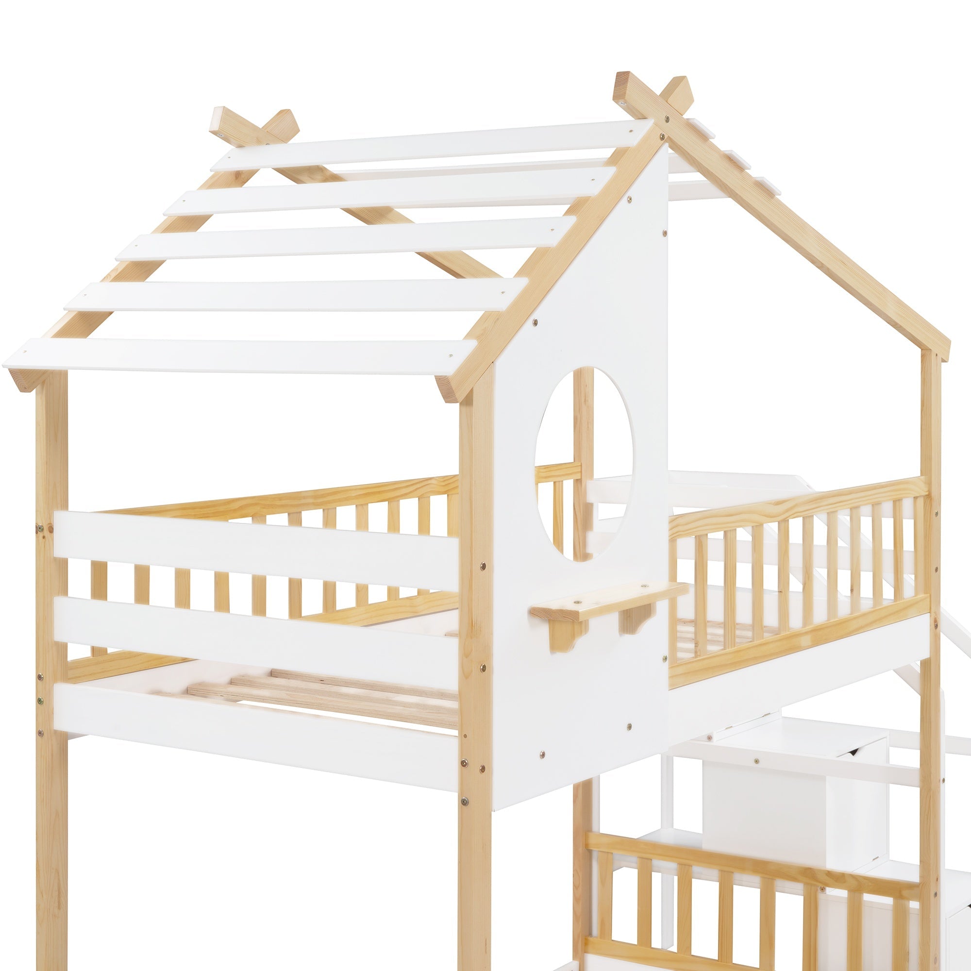 Bellemave® Twin Over Twin Bunk Bed with Stairs, Stairway House Bunk Bed Frame with Storage & Guard Rail - Bellemave