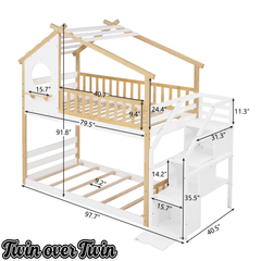 Bellemave® Twin Over Twin Bunk Bed with Stairs, Stairway House Bunk Bed Frame with Storage & Guard Rail - Bellemave