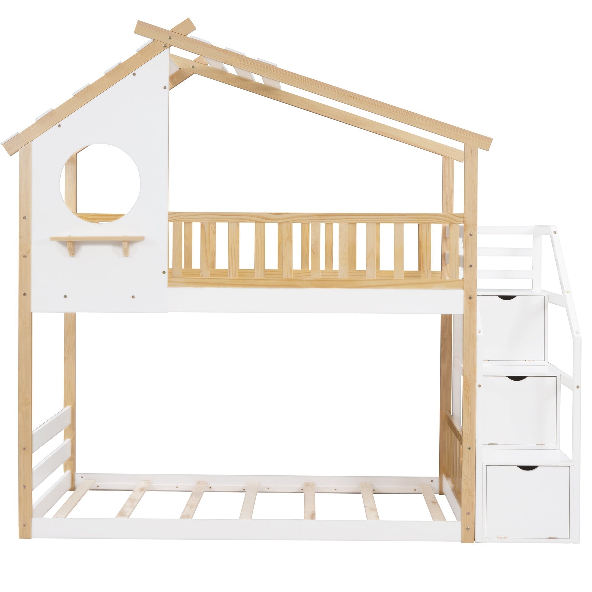 Bellemave® Twin Over Twin Bunk Bed with Stairs, Stairway House Bunk Bed Frame with Storage & Guard Rail - Bellemave