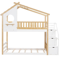 Bellemave® Twin Over Twin Bunk Bed with Stairs, Stairway House Bunk Bed Frame with Storage & Guard Rail - Bellemave