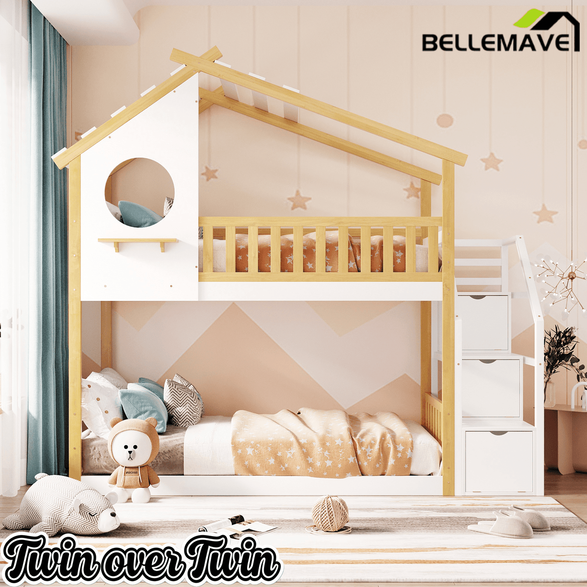 Bellemave® Twin Over Twin Bunk Bed with Stairs, Stairway House Bunk Bed Frame with Storage & Guard Rail - Bellemave