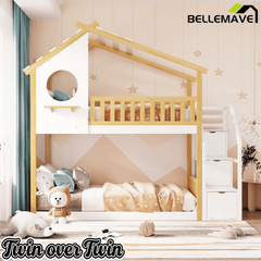 Bellemave® Twin Over Twin Bunk Bed with Stairs, Stairway House Bunk Bed Frame with Storage & Guard Rail - Bellemave