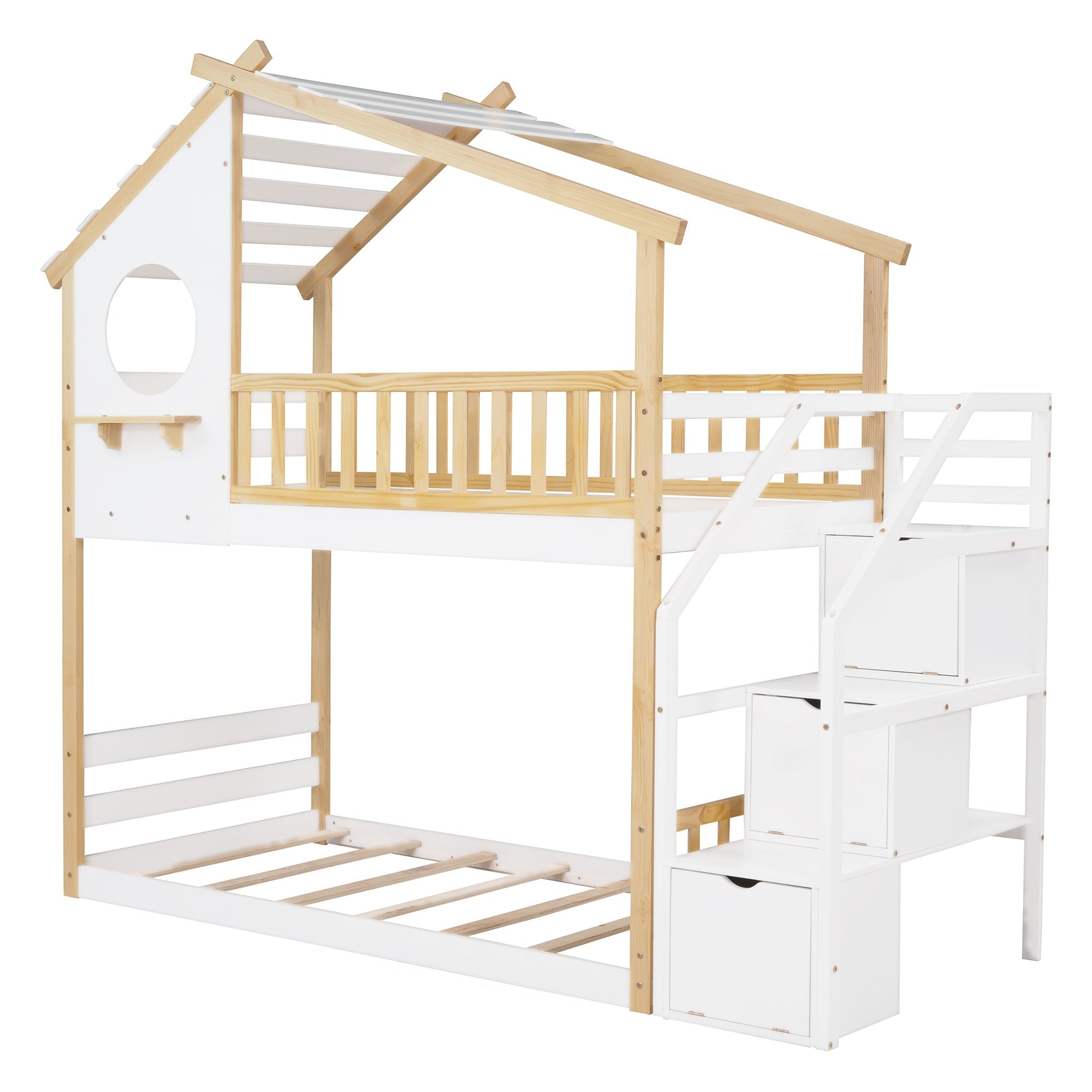 Bellemave® Twin Over Twin Bunk Bed with Stairs, Stairway House Bunk Bed Frame with Storage & Guard Rail - Bellemave
