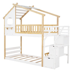 Bellemave® Twin Over Twin Bunk Bed with Stairs, Stairway House Bunk Bed Frame with Storage & Guard Rail - Bellemave