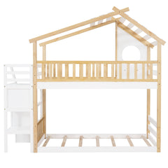 Bellemave® Twin Over Twin Bunk Bed with Stairs, Stairway House Bunk Bed Frame with Storage & Guard Rail - Bellemave