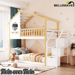 Bellemave® Twin Over Twin Bunk Bed with Stairs, Stairway House Bunk Bed Frame with Storage & Guard Rail - Bellemave