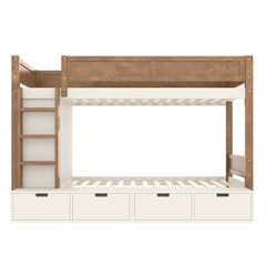 Bellemave® Twin Over Twin Bunk Bed with Storage Drawers,Solid Wood Bunk Bed with Built - in Wardrobe,Storage Shelf and Safety Guardrails for Kids Girls Boys,Beige & Natural - Bellemave