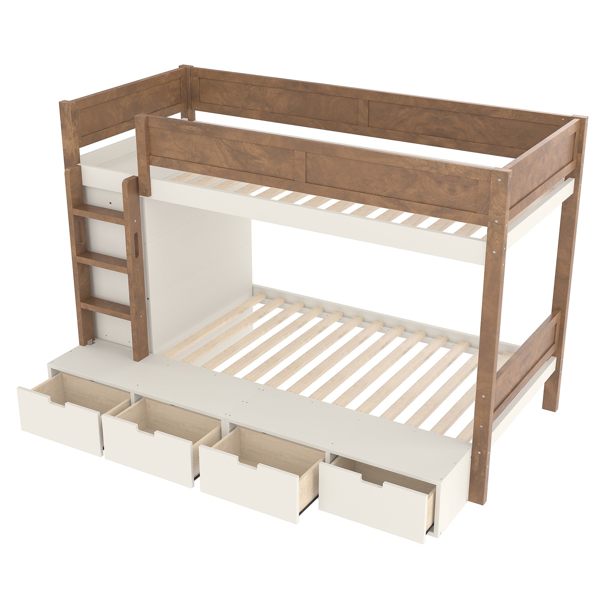 Bellemave® Twin Over Twin Bunk Bed with Storage Drawers,Solid Wood Bunk Bed with Built - in Wardrobe,Storage Shelf and Safety Guardrails for Kids Girls Boys,Beige & Natural - Bellemave