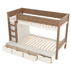 Bellemave® Twin Over Twin Bunk Bed with Storage Drawers,Solid Wood Bunk Bed with Built - in Wardrobe,Storage Shelf and Safety Guardrails for Kids Girls Boys,Beige & Natural - Bellemave