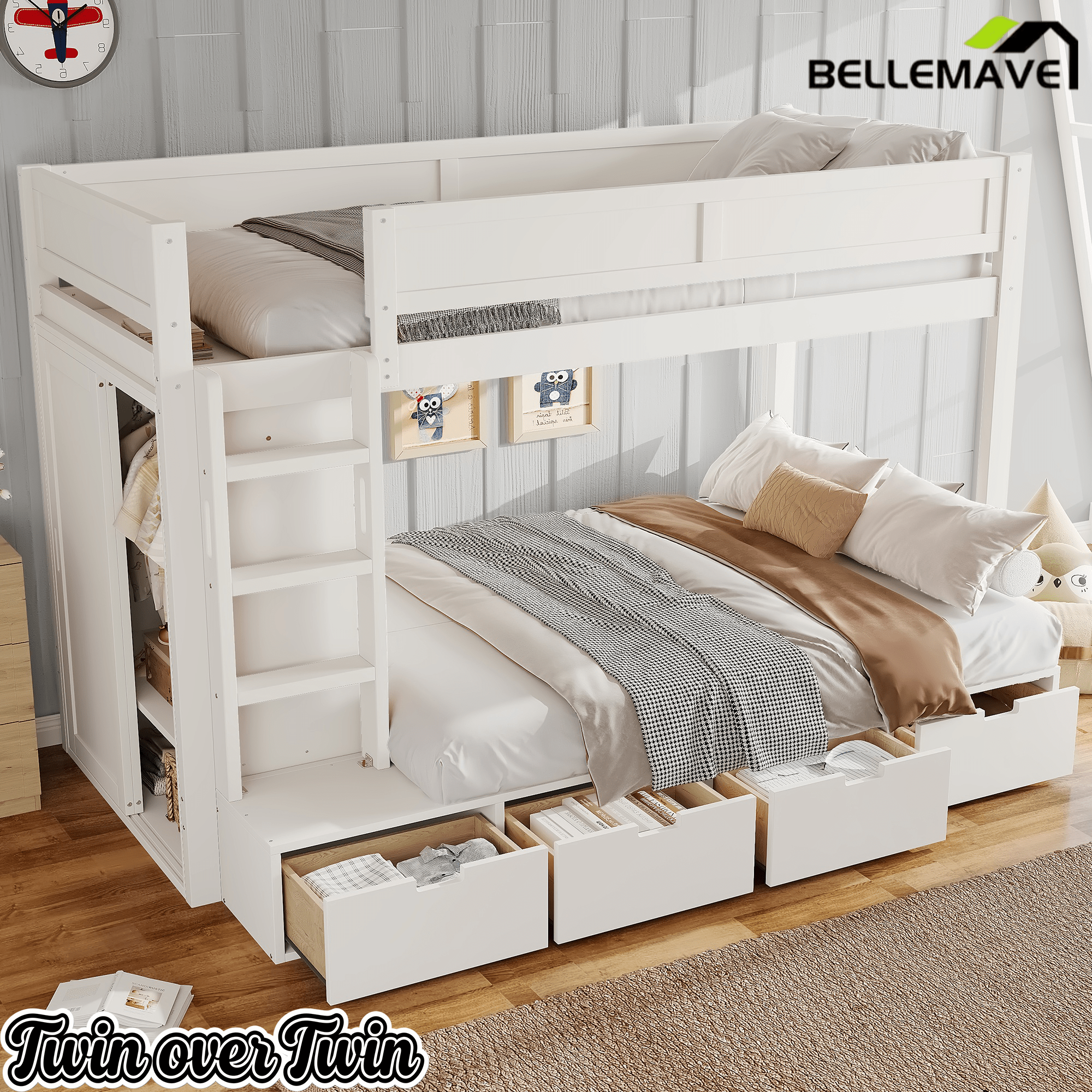 Bellemave® Twin Over Twin Bunk Bed with Storage Drawers,Solid Wood Bunk Bed with Built - in Wardrobe,Storage Shelf and Safety Guardrails for Kids Girls Boys,Beige & Natural - Bellemave