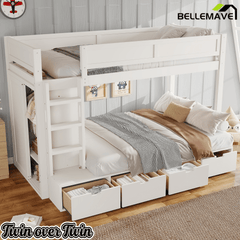 Bellemave® Twin Over Twin Bunk Bed with Storage Drawers,Solid Wood Bunk Bed with Built - in Wardrobe,Storage Shelf and Safety Guardrails for Kids Girls Boys,Beige & Natural - Bellemave