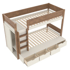 Bellemave® Twin Over Twin Bunk Bed with Storage Drawers,Solid Wood Bunk Bed with Built - in Wardrobe,Storage Shelf and Safety Guardrails for Kids Girls Boys,Beige & Natural - Bellemave
