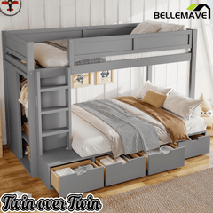 Bellemave® Twin Over Twin Bunk Bed with Storage Drawers,Solid Wood Bunk Bed with Built - in Wardrobe,Storage Shelf and Safety Guardrails for Kids Girls Boys,Beige & Natural - Bellemave