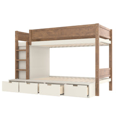 Bellemave® Twin Over Twin Bunk Bed with Storage Drawers,Solid Wood Bunk Bed with Built - in Wardrobe,Storage Shelf and Safety Guardrails for Kids Girls Boys,Beige & Natural - Bellemave