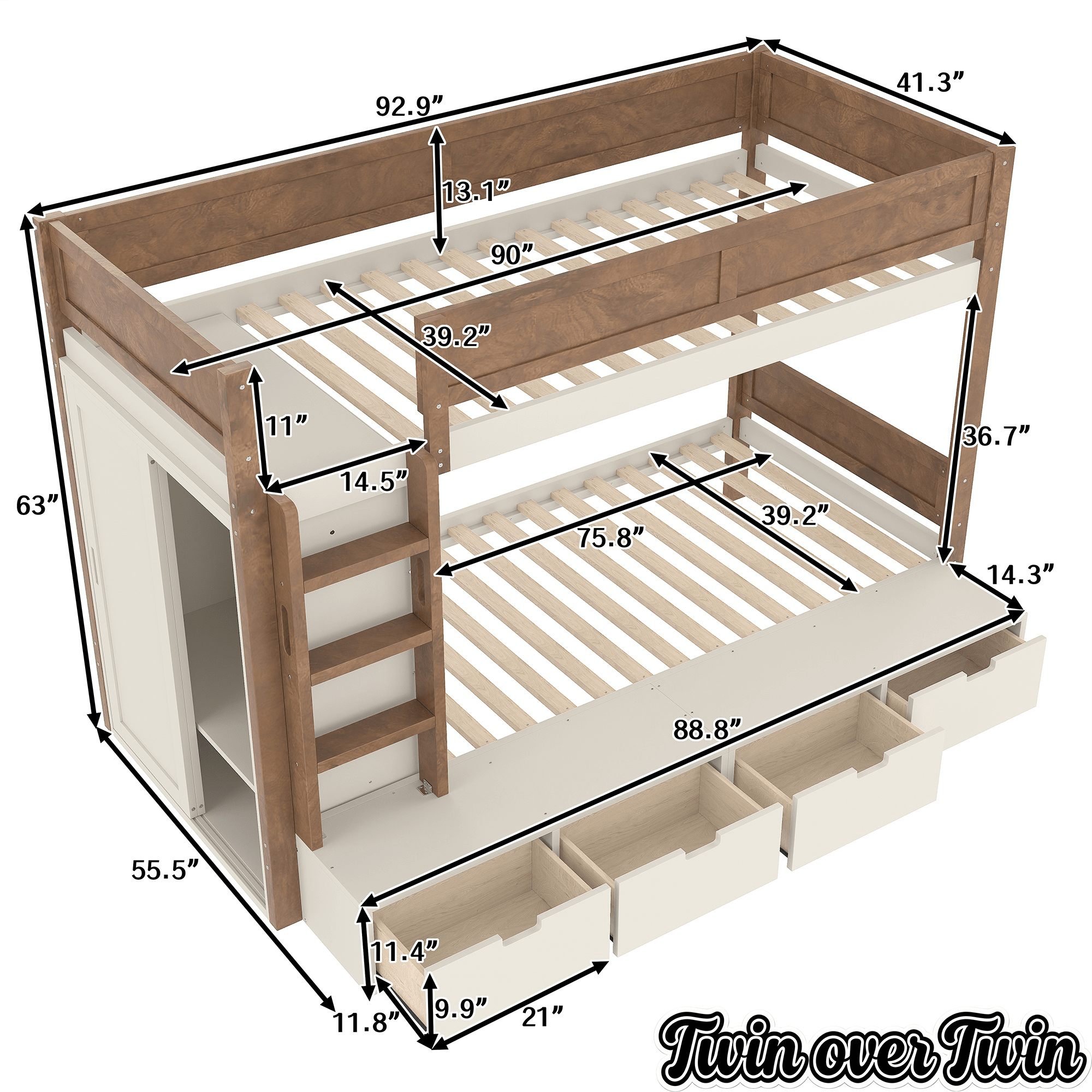Bellemave® Twin Over Twin Bunk Bed with Storage Drawers,Solid Wood Bunk Bed with Built - in Wardrobe,Storage Shelf and Safety Guardrails for Kids Girls Boys,Beige & Natural - Bellemave