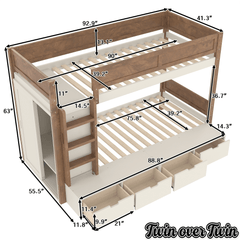 Bellemave® Twin Over Twin Bunk Bed with Storage Drawers,Solid Wood Bunk Bed with Built - in Wardrobe,Storage Shelf and Safety Guardrails for Kids Girls Boys,Beige & Natural - Bellemave