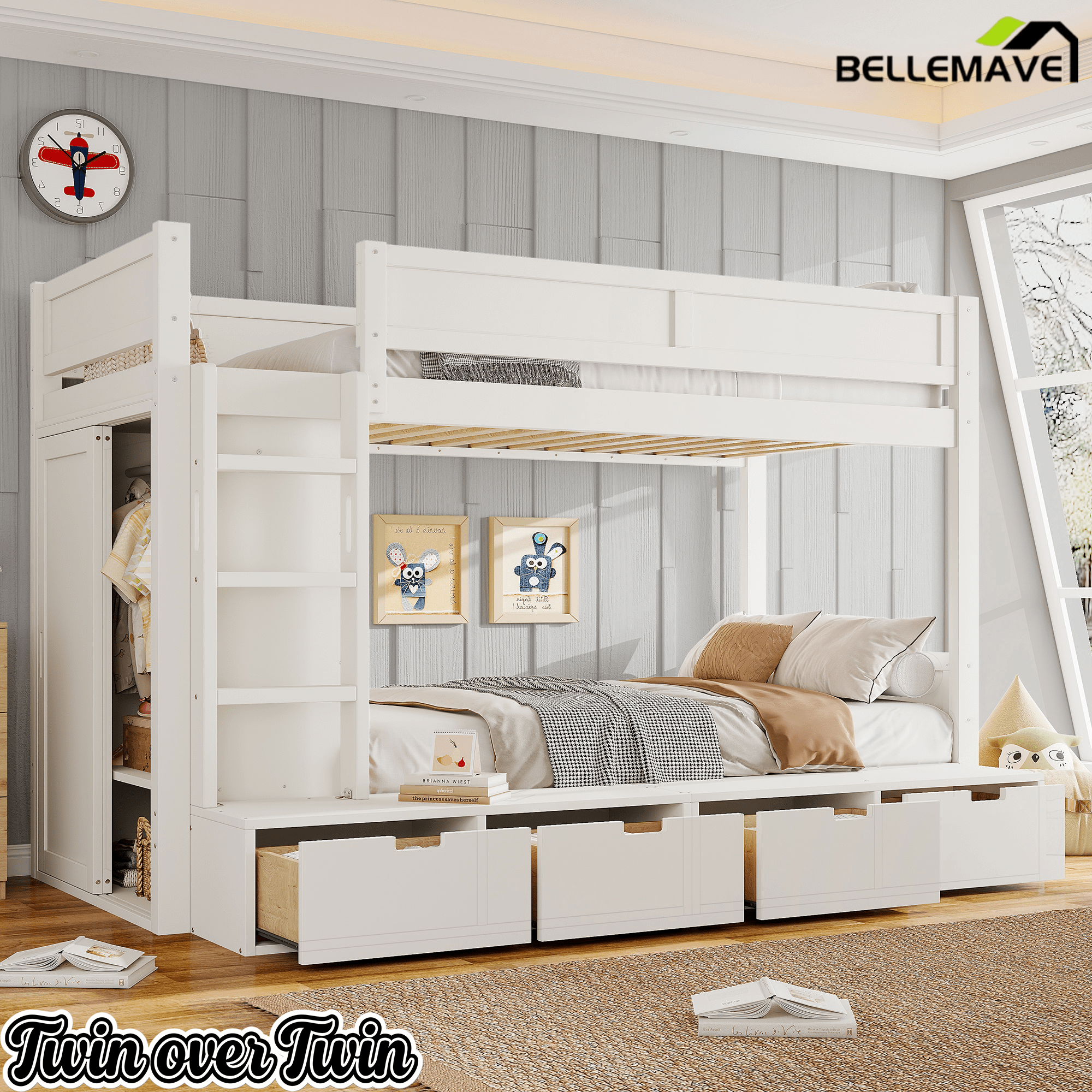 Bellemave® Twin Over Twin Bunk Bed with Storage Drawers,Solid Wood Bunk Bed with Built - in Wardrobe,Storage Shelf and Safety Guardrails for Kids Girls Boys,Beige & Natural - Bellemave