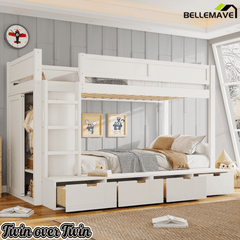 Bellemave® Twin Over Twin Bunk Bed with Storage Drawers,Solid Wood Bunk Bed with Built - in Wardrobe,Storage Shelf and Safety Guardrails for Kids Girls Boys,Beige & Natural - Bellemave