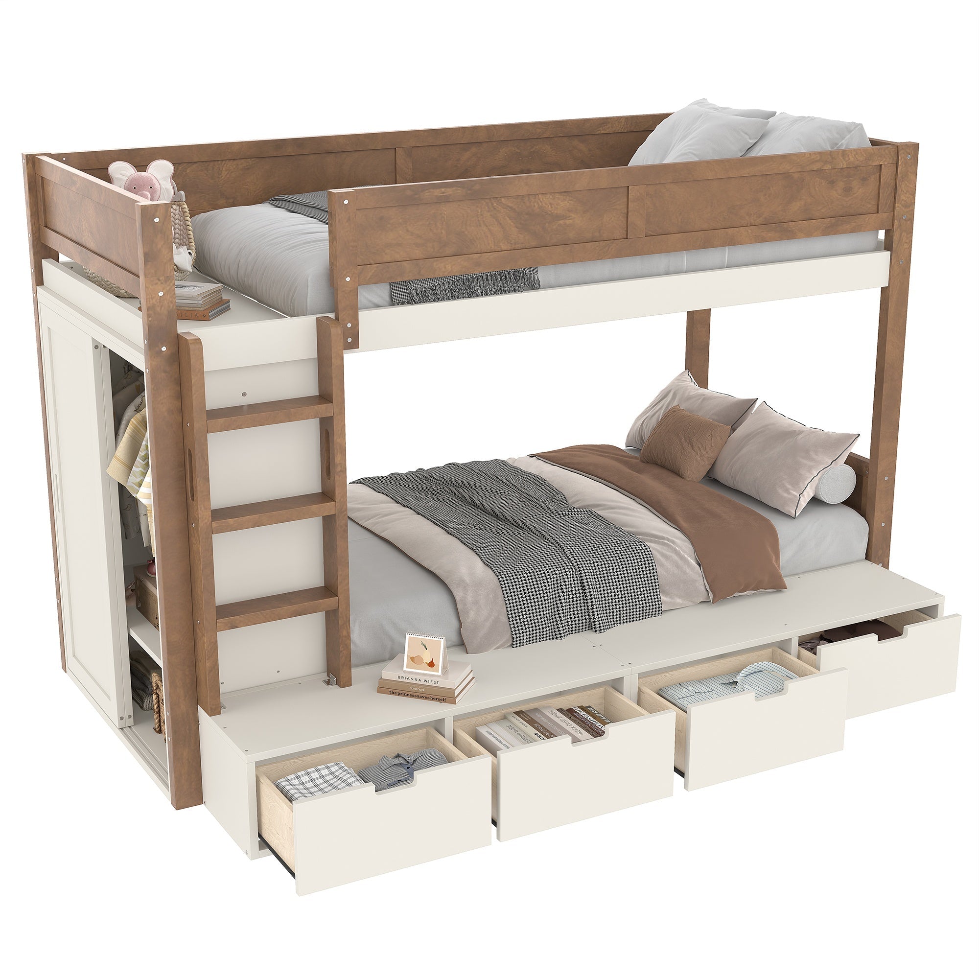 Bellemave® Twin Over Twin Bunk Bed with Storage Drawers,Solid Wood Bunk Bed with Built - in Wardrobe,Storage Shelf and Safety Guardrails for Kids Girls Boys,Beige & Natural - Bellemave