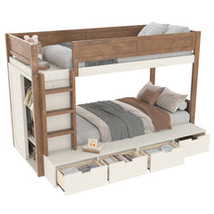 Bellemave® Twin Over Twin Bunk Bed with Storage Drawers,Solid Wood Bunk Bed with Built - in Wardrobe,Storage Shelf and Safety Guardrails for Kids Girls Boys,Beige & Natural - Bellemave