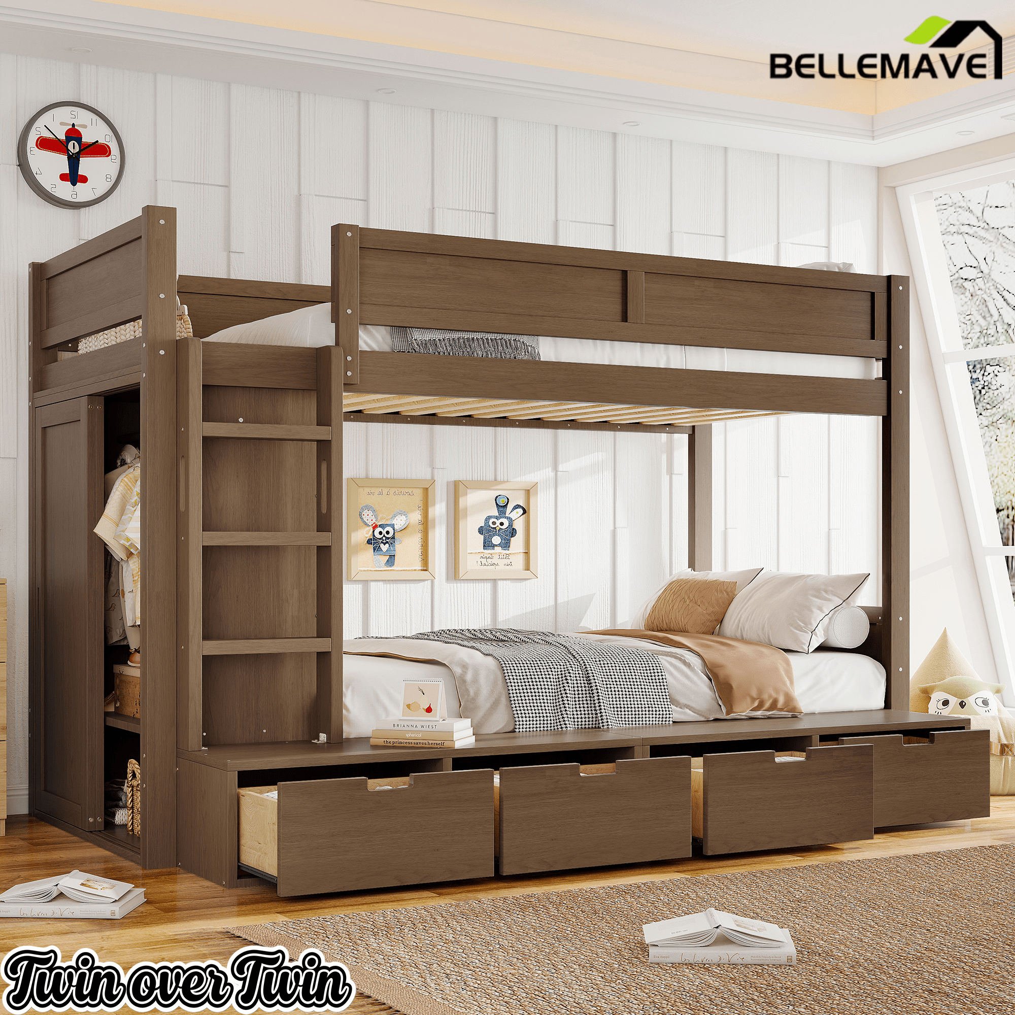 Bellemave® Twin Over Twin Bunk Bed with Storage Drawers,Solid Wood Bunk Bed with Built - in Wardrobe,Storage Shelf and Safety Guardrails for Kids Girls Boys,Beige & Natural - Bellemave