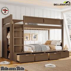 Bellemave® Twin Over Twin Bunk Bed with Storage Drawers,Solid Wood Bunk Bed with Built - in Wardrobe,Storage Shelf and Safety Guardrails for Kids Girls Boys,Beige & Natural - Bellemave