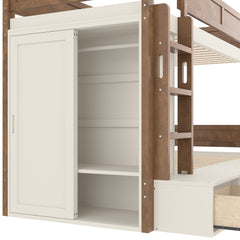 Bellemave® Twin Over Twin Bunk Bed with Storage Drawers,Solid Wood Bunk Bed with Built - in Wardrobe,Storage Shelf and Safety Guardrails for Kids Girls Boys,Beige & Natural - Bellemave