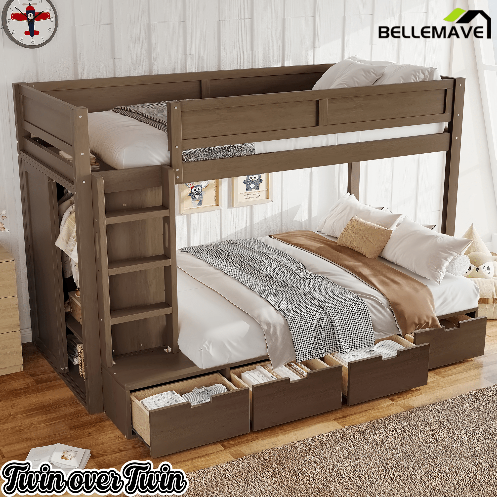 Bellemave® Twin Over Twin Bunk Bed with Storage Drawers,Solid Wood Bunk Bed with Built - in Wardrobe,Storage Shelf and Safety Guardrails for Kids Girls Boys,Beige & Natural - Bellemave