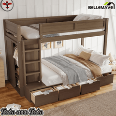 Bellemave® Twin Over Twin Bunk Bed with Storage Drawers,Solid Wood Bunk Bed with Built - in Wardrobe,Storage Shelf and Safety Guardrails for Kids Girls Boys,Beige & Natural - Bellemave
