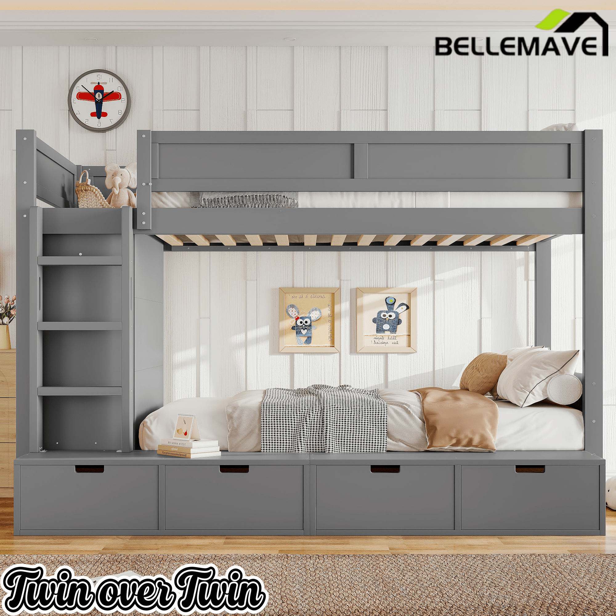 Bellemave® Twin Over Twin Bunk Bed with Storage Drawers,Solid Wood Bunk Bed with Built - in Wardrobe,Storage Shelf and Safety Guardrails for Kids Girls Boys,Beige & Natural - Bellemave