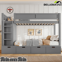Bellemave® Twin Over Twin Bunk Bed with Storage Drawers,Solid Wood Bunk Bed with Built - in Wardrobe,Storage Shelf and Safety Guardrails for Kids Girls Boys,Beige & Natural - Bellemave