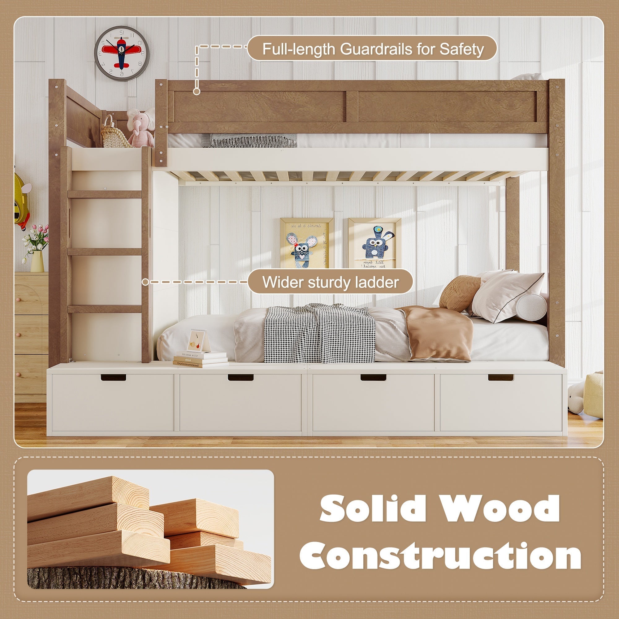 Bellemave® Twin Over Twin Bunk Bed with Storage Drawers,Solid Wood Bunk Bed with Built - in Wardrobe,Storage Shelf and Safety Guardrails for Kids Girls Boys,Beige & Natural - Bellemave