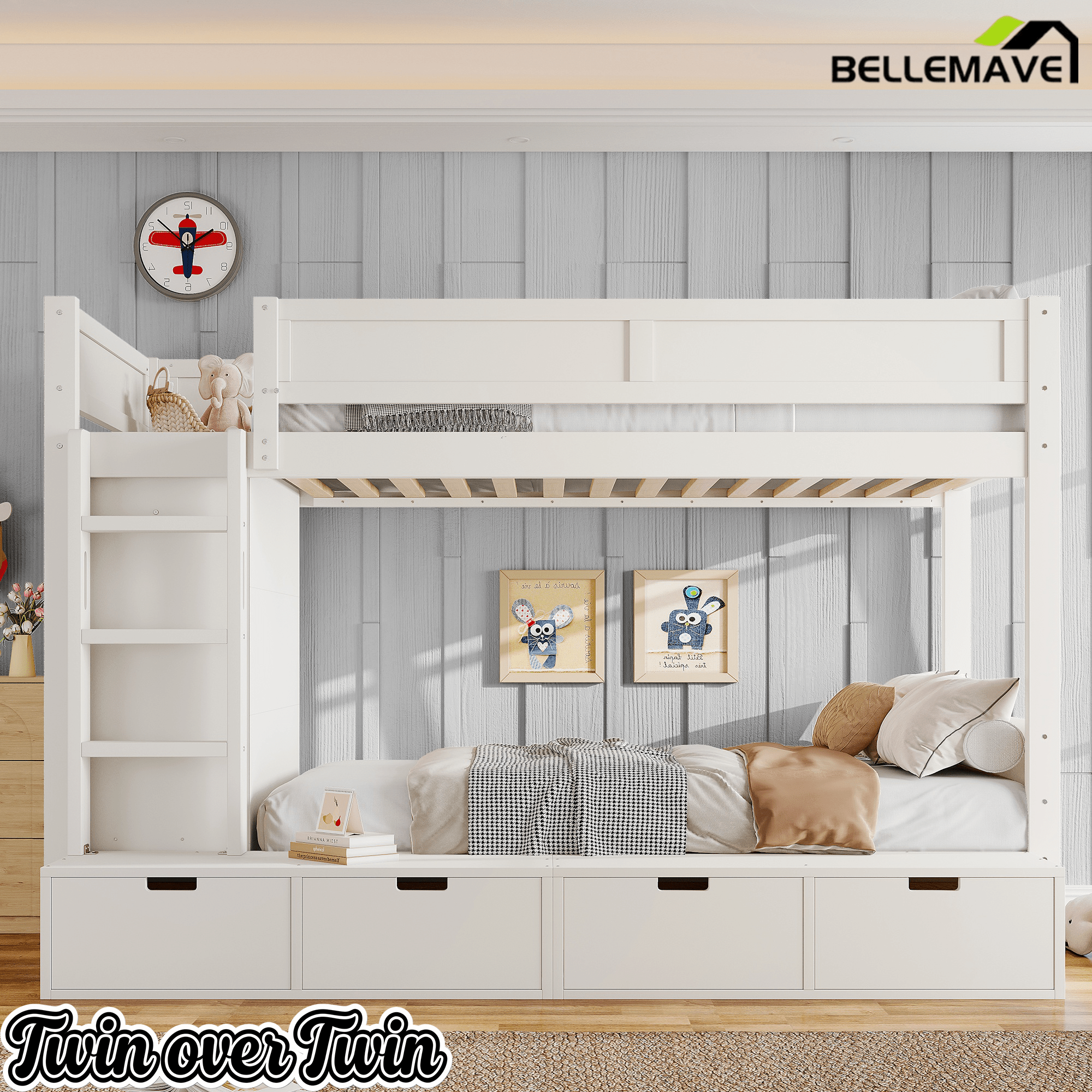 Bellemave® Twin Over Twin Bunk Bed with Storage Drawers,Solid Wood Bunk Bed with Built - in Wardrobe,Storage Shelf and Safety Guardrails for Kids Girls Boys,Beige & Natural - Bellemave