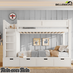 Bellemave® Twin Over Twin Bunk Bed with Storage Drawers,Solid Wood Bunk Bed with Built - in Wardrobe,Storage Shelf and Safety Guardrails for Kids Girls Boys,Beige & Natural - Bellemave