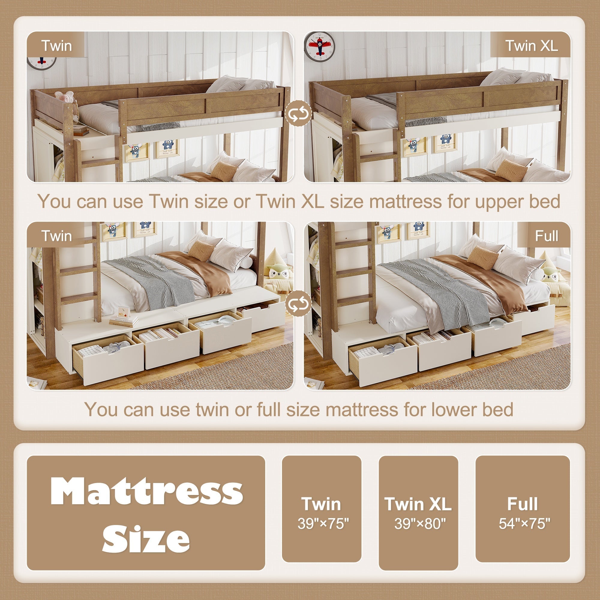 Bellemave® Twin Over Twin Bunk Bed with Storage Drawers,Solid Wood Bunk Bed with Built - in Wardrobe,Storage Shelf and Safety Guardrails for Kids Girls Boys,Beige & Natural - Bellemave