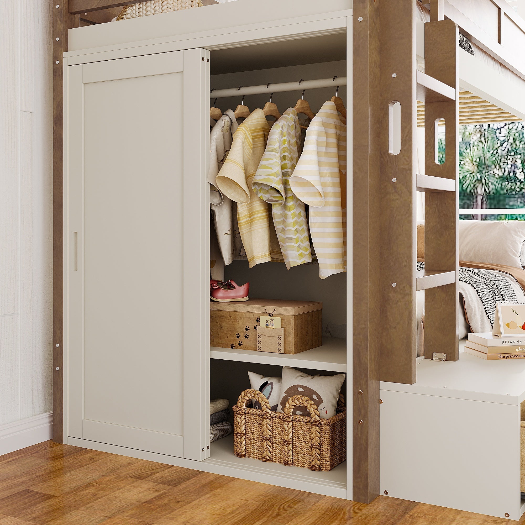 Bellemave® Twin Over Twin Bunk Bed with Storage Drawers,Solid Wood Bunk Bed with Built - in Wardrobe,Storage Shelf and Safety Guardrails for Kids Girls Boys,Beige & Natural - Bellemave