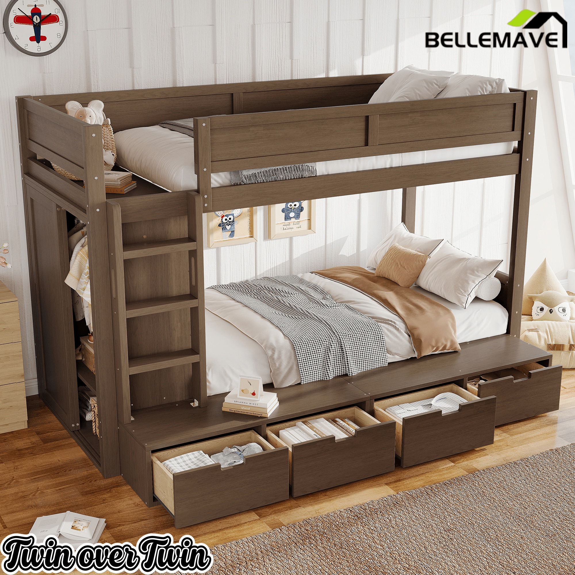 Bellemave® Twin Over Twin Bunk Bed with Storage Drawers,Solid Wood Bunk Bed with Built - in Wardrobe,Storage Shelf and Safety Guardrails for Kids Girls Boys,Beige & Natural - Bellemave