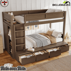 Bellemave® Twin Over Twin Bunk Bed with Storage Drawers,Solid Wood Bunk Bed with Built - in Wardrobe,Storage Shelf and Safety Guardrails for Kids Girls Boys,Beige & Natural - Bellemave