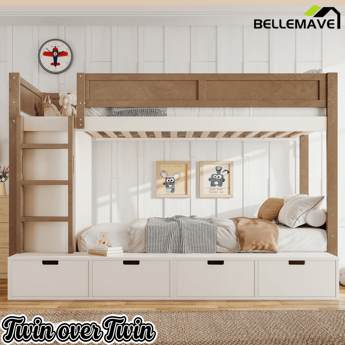 Bellemave® Twin Over Twin Bunk Bed with Storage Drawers,Solid Wood Bunk Bed with Built - in Wardrobe,Storage Shelf and Safety Guardrails for Kids Girls Boys,Beige & Natural - Bellemave