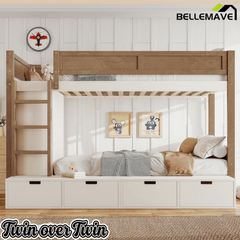 Bellemave® Twin Over Twin Bunk Bed with Storage Drawers,Solid Wood Bunk Bed with Built - in Wardrobe,Storage Shelf and Safety Guardrails for Kids Girls Boys,Beige & Natural - Bellemave