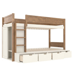 Bellemave® Twin Over Twin Bunk Bed with Storage Drawers,Solid Wood Bunk Bed with Built - in Wardrobe,Storage Shelf and Safety Guardrails for Kids Girls Boys,Beige & Natural - Bellemave