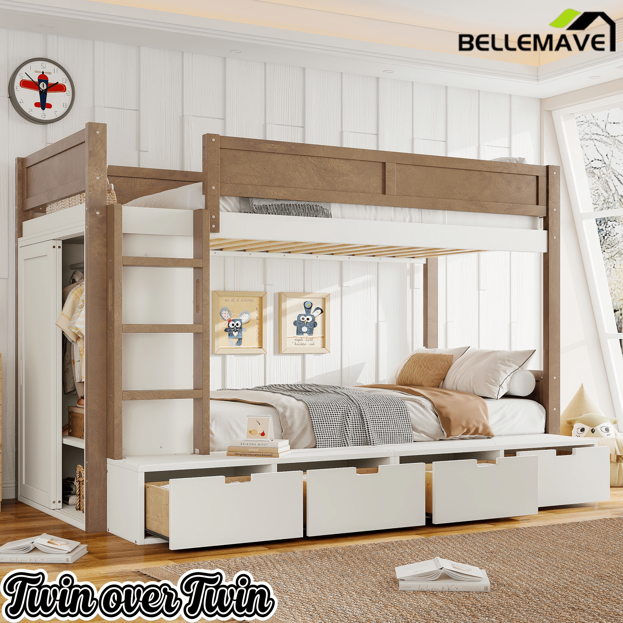 Bellemave® Twin Over Twin Bunk Bed with Storage Drawers,Solid Wood Bunk Bed with Built - in Wardrobe,Storage Shelf and Safety Guardrails for Kids Girls Boys,Beige & Natural - Bellemave