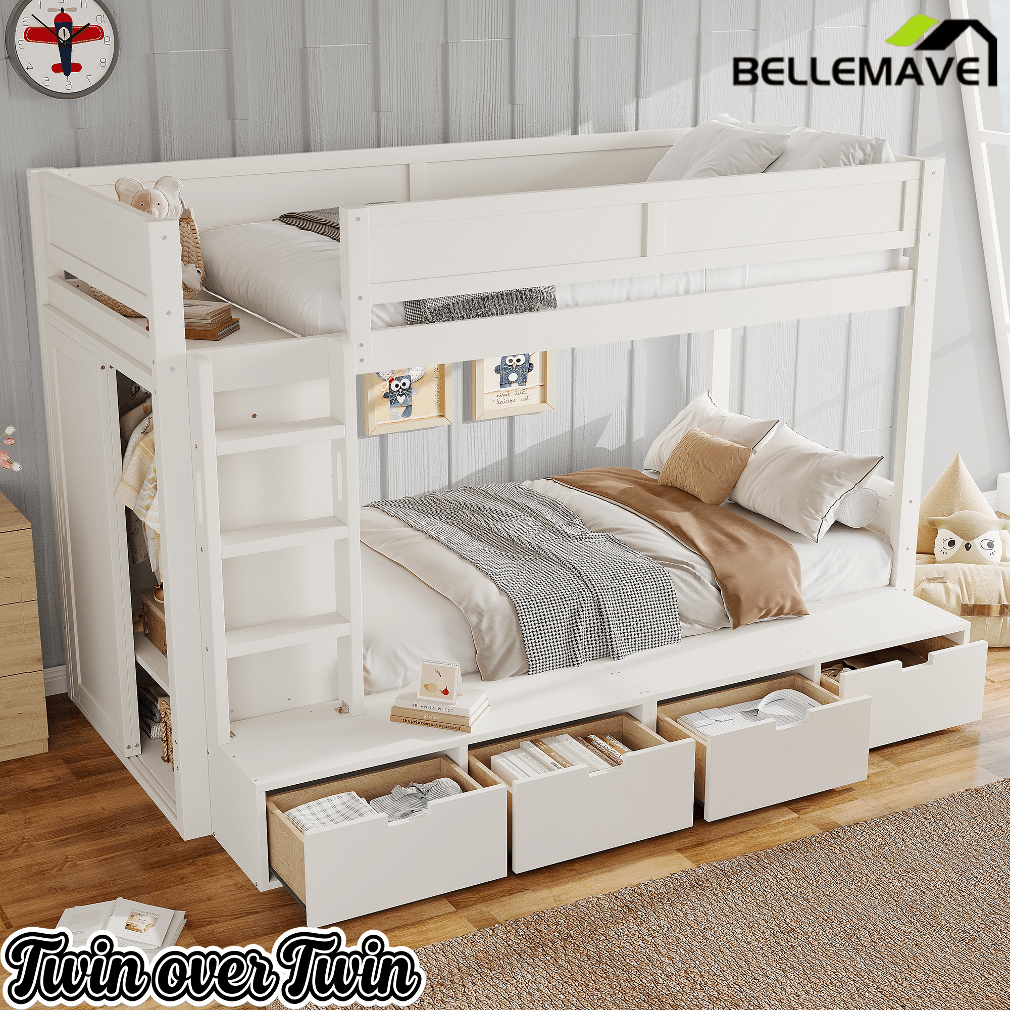 Bellemave® Twin Over Twin Bunk Bed with Storage Drawers,Solid Wood Bunk Bed with Built - in Wardrobe,Storage Shelf and Safety Guardrails for Kids Girls Boys,Beige & Natural - Bellemave