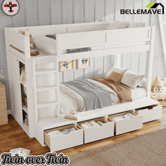 Bellemave® Twin Over Twin Bunk Bed with Storage Drawers,Solid Wood Bunk Bed with Built - in Wardrobe,Storage Shelf and Safety Guardrails for Kids Girls Boys,Beige & Natural - Bellemave