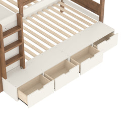 Bellemave® Twin Over Twin Bunk Bed with Storage Drawers,Solid Wood Bunk Bed with Built - in Wardrobe,Storage Shelf and Safety Guardrails for Kids Girls Boys,Beige & Natural - Bellemave