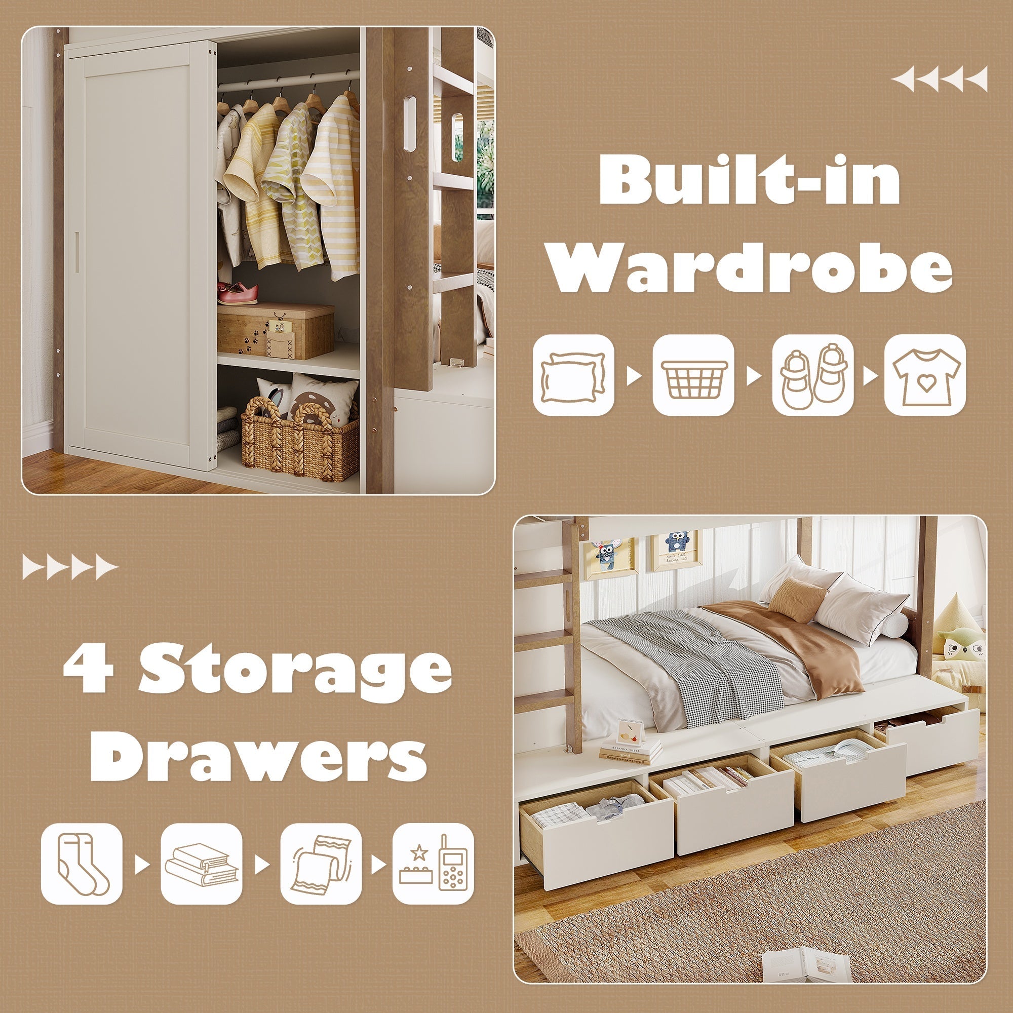 Bellemave® Twin Over Twin Bunk Bed with Storage Drawers,Solid Wood Bunk Bed with Built - in Wardrobe,Storage Shelf and Safety Guardrails for Kids Girls Boys,Beige & Natural - Bellemave
