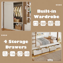 Bellemave® Twin Over Twin Bunk Bed with Storage Drawers,Solid Wood Bunk Bed with Built - in Wardrobe,Storage Shelf and Safety Guardrails for Kids Girls Boys,Beige & Natural - Bellemave