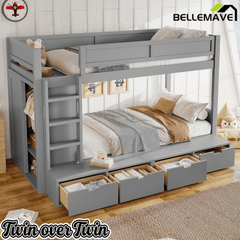 Bellemave® Twin Over Twin Bunk Bed with Storage Drawers,Solid Wood Bunk Bed with Built - in Wardrobe,Storage Shelf and Safety Guardrails for Kids Girls Boys,Beige & Natural - Bellemave