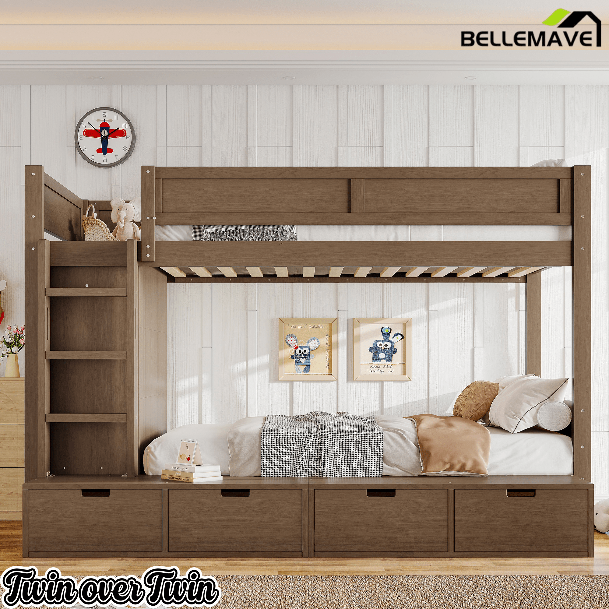 Bellemave® Twin Over Twin Bunk Bed with Storage Drawers,Solid Wood Bunk Bed with Built - in Wardrobe,Storage Shelf and Safety Guardrails for Kids Girls Boys,Beige & Natural - Bellemave